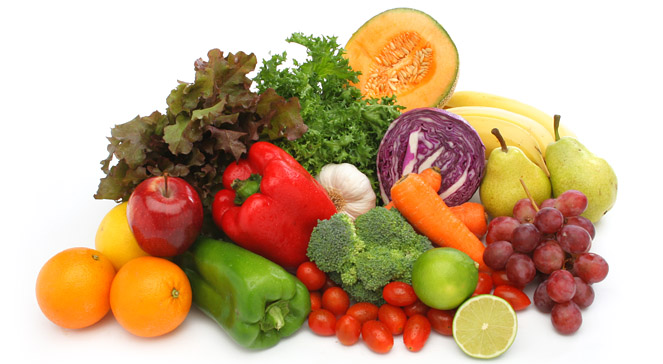 Colorful fresh group of fruits and vegetables for a balanced diet. White background. Look at my gallery for more fresh fruits and vegetables.